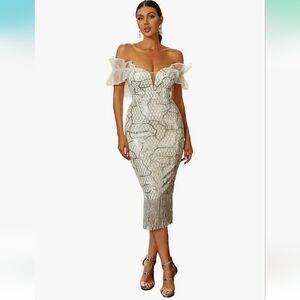 Women’s Sexy Off Shoulder Sequin Fringe Midi Dress, Bodycon Ruffle Accent Size L